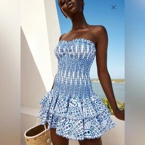 Charo Ruiz Blue and White Strapless Mini Dress